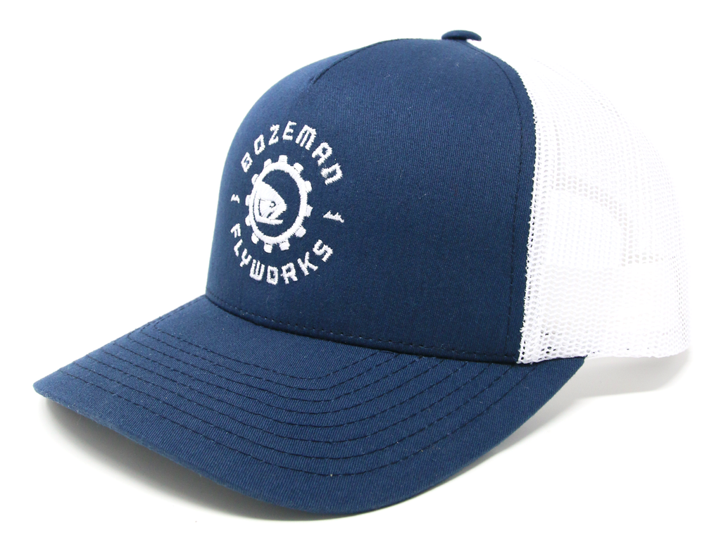 Trucker Hat and - FlyWorks White Navy – Blue Bozeman