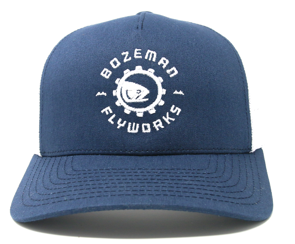 Trucker White Blue Bozeman Hat FlyWorks and Navy - –